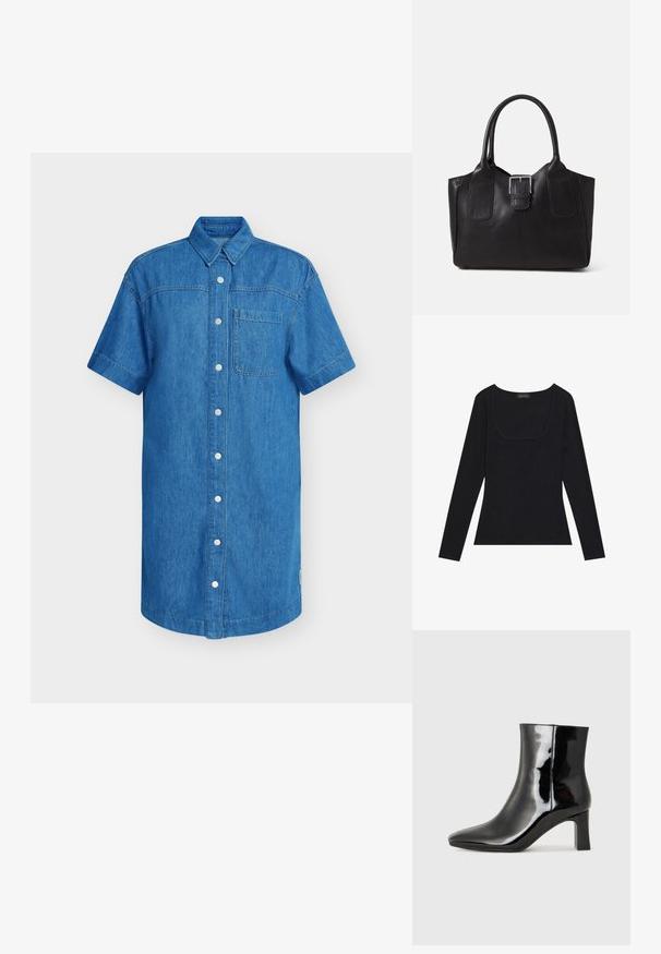 Koszula z krótkim rękawem z dżinsu w jaskrawym niebieskim kolorze, z zapięciem na guziki, pojedynczą kieszenią na piersi i prostym obszyciem. Miękka w dotyku.; Czarna bluzka z długim rękawem o ryflowanej fakturze, z kwadratowym dekoltem i dopasowanym krojem. Zawiera metkę z napisem "ANNA FIELD."; Czarne lakierowane botki za kostkę z wysmukłym noskiem i średniej wysokości obcasem w kształcie słupka. Gładka tekstura i minimalistyczny design.; Czarna skórzana torba tote o gładkiej fakturze, usztywnionym kształcie, dwóch uchwytach oraz wyraźnym srebrnym zapięciu na przodzie.