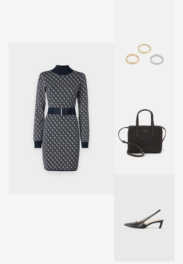 Marine jurk met lange mouwen, hoge halslijn, gemêleerde textuur en een bijpassende riem met een rechthoekige gesp. Gedetailleerd met een herhalend patroon.; Zwarte puntige slingback schoen met een lage hak, gemaakt van soepel leer en voorzien van een uitsnede aan de zijkant voor ventilatie.; Zwarte handtas met dubbele korte handvatten en een afneembare schouderriem. Glad, leerachtig materiaal met een ritssluiting en logo-detail.; Drie metalen ringen: één roségoud, één goud met een gestructureerd accent en één zilver, allemaal met gegraveerde branding aan de binnenzijde.