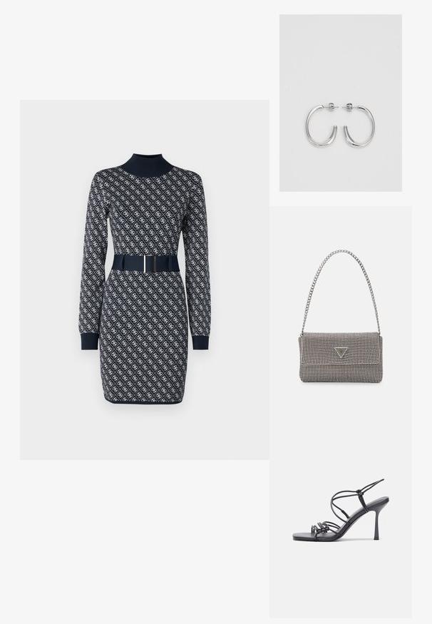 Granatowa sukienka z długimi rękawami, wysokim dekoltem, wzorzystą teksturą i dopasowanym paskiem z prostokątną klamrą. Szczegółowo wykonana z powtarzającym się wzorem.; Czarne sandały na wysokim obcasie mają cienkie paski z węzłowym wzorem, gładki, kwadratowy czubek i smukły obcas w stylu szpilki.; Jasnoszara metaliczna torebka na łańcuszku, ozdobiona małymi okrągłymi metalowymi ćwiekami oraz trójkątnym logo marki.; Srebrne kolczyki na biglu o gładkim, błyszczącym wykończeniu. O zaokrąglonym kształcie, lekkim designie, z zamknięciem na zatrzask.