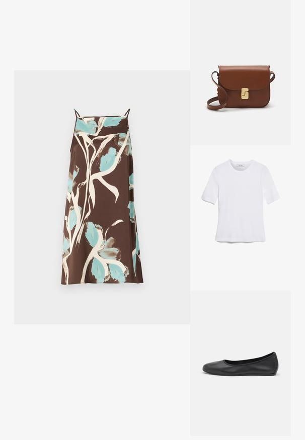 Robe brune avec un design floral abstrait en bleu clair et blanc. Bretelles spaghetti et coupe décontractée. Texture de tissu lisse.; T-shirt blanc à manches courtes en tissu côtelé. Col rond, coupe régulière et détails de couture subtils. Aucune motif ni graphique.; Ballerines en cuir noir avec un bout rond, texture lisse, détails de couture minimalistes et design de semelle flexible.; Sac à main en cuir marron avec une fermeture à rabat, des accents en métal doré, une bandoulière et une texture lisse. Forme rectangulaire compacte.