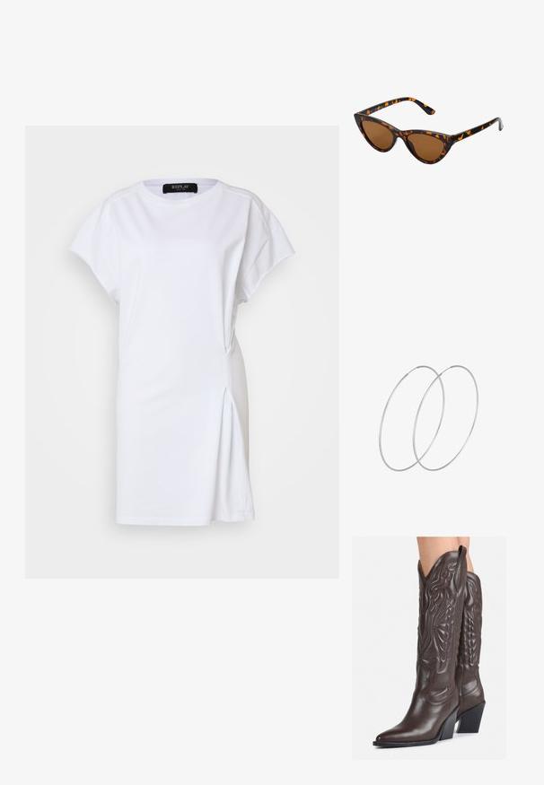 Replay Jerseykleid - white; Braune Leder-Cowboy-Stiefel mit spitzem Punkt und Blockabsatz, die über detaillierte Stickereien und hervorgehobene Akzente am Schaft verfügen.; Katzenaugen-Sonnenbrille mit einem schwarz-orangenen Schildpattrahmen, braunen Gläsern und schlanken, spitzen Enden. Verfügt über ein minimalistisches Logo am Bügel.; Silberne Creolen mit minimalistischem Design. Rundform, glatte Oberfläche und dünnes Profil. Leichtgewichtig mit hochglänzender Oberfläche.