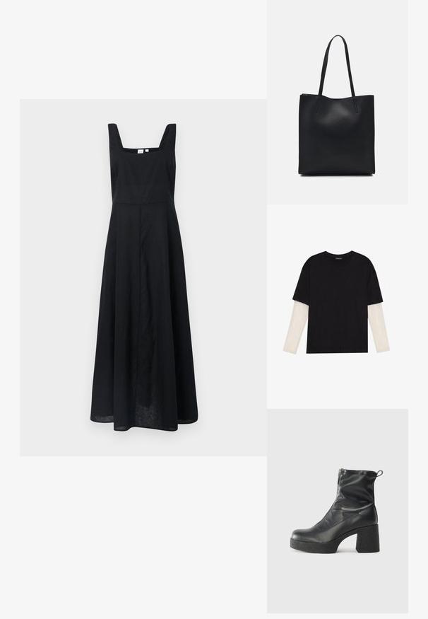 Robe en lin noire avec un décolleté carré, des bretelles larges et une jupe fluide qui atteint le mi-mollet. Design minimaliste sans motifs visibles.; T-shirt noir en coton, avec des manches courtes sur une couche à manches longues blanche avec un motif texturé subtil. Col rond.; Bottes noires à la cheville en cuir lisse, dotées d'une fermeture éclair sur le côté, d'un talon épais texturé et d'une conception à bout rond.; Sac fourre-tout en cuir noir avec une texture lisse, de forme rectangulaire et deux longues poignées. Pas de matériel ou d'ornementations visibles.