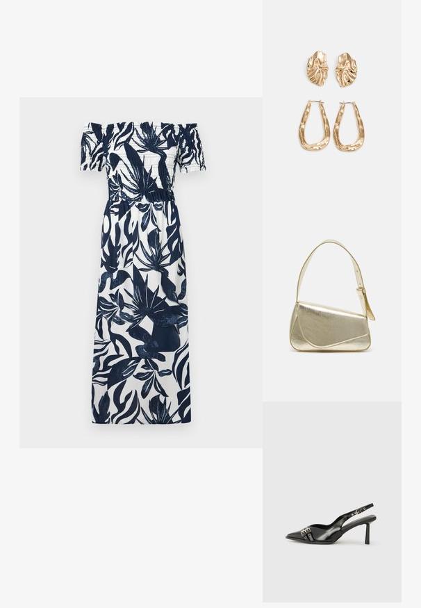 Vestido off-the-shoulder com um padrão botânico em azul-marinho e branco, corpete elástico e saia em A fluida. Tecido suave e leve.; Sapato slingback preto em pele patentada com bico apontado, tiras no tornozelo apresentando fivelas e acessórios prateados, e um salto elegante.; Bolsa de mão metálica dourada com um design estruturado, textura suave e alça ajustável. Apresenta uma forma triangular única e costura minimalista.; Brincos em tom de ouro com formas onduladas e texturizadas. Inclui studs escultóricos com presilha e um design de argola aberta com um acabamento martelado.