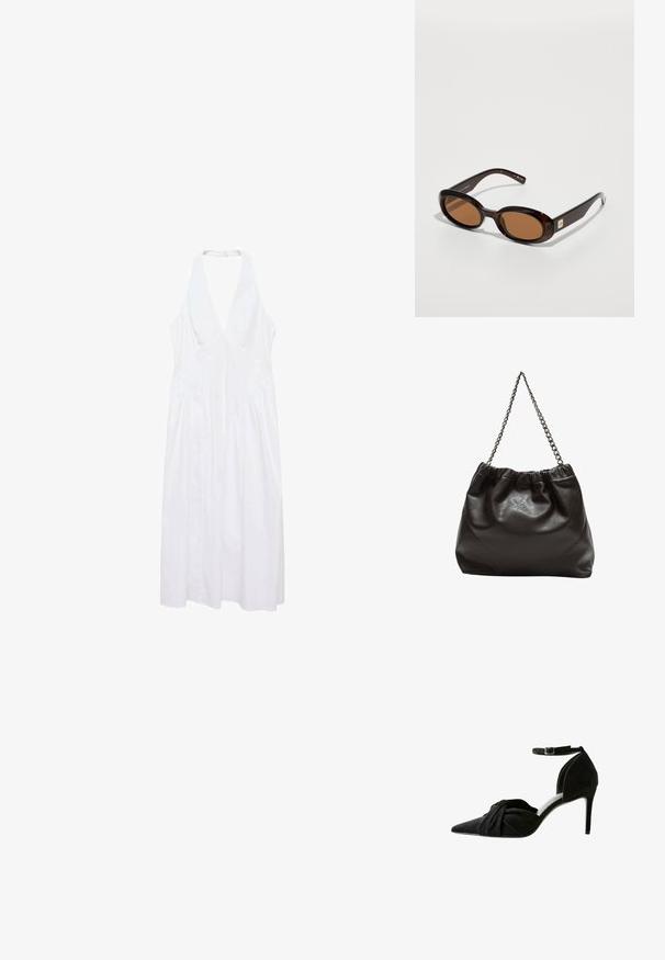 Valkoinen hihaton mekko syvällä V-puolella, koottu sivuilta ja virtaava A-linjainen siluetti. Valmistettu kevyestä kankaasta.; Mustat mokkapintaiset korkeakorkoiset kengät, joissa on terävä kärki, solmukuvio etuosassa ja nilkkaremmi. Ominaisuuksiin kuuluu hoikka stiletto-korko ja tyylikäs muotoilu.; Ruskeahäntäiset aurinkolasit ovaaleilla linsseillä, joissa on ohut kehys ja pieni metallinen koristus sivulla. Rakenteeltaan karhea ja kiillotettu pinta.; Ruskea nahkainen laukku, jossa on kerätty yläosa ja ketjuhihna. Tasainen pinta, jossa kiiltävä viimeistely ja hienovaraiset sauman yksityiskohdat sivuilla.