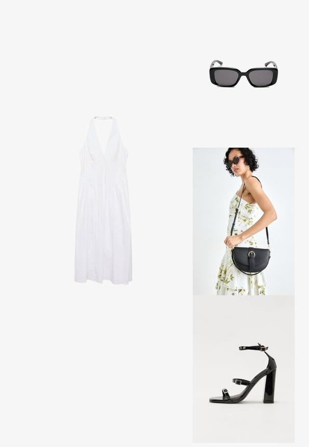 Bela brezrokavna obleka z globokim V-izrezom, nabrane strani in tekočim A-silhuetom. Narejena iz lahkotnega materiala.; Črne lakirane sandale s peto, kvadratnim prstom, trakovi okrog gležnja in srebrnimi zaponkami. Opremljene so s stabilno Debelo peto.; Črne pravokotne sončne očala z temnimi lečami, gladkim plastičnim okvirjem in ukrivljenimi nogicami. Oblika je robustna in minimalistična.; Črna usnjena torbica s ukrivljeno obliko, z odstranljivo naramnico in zlatimi dodatki. Torbica ima pokrov s podrobnostmi v obliki zaponke.