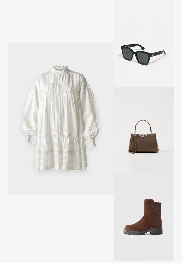 Vanessa Bruno DIANE - Rochie de zi - blanc; Botine din suede maro, cu panouri elastice laterale, vârf rotunjit și o talpă groasă din cauciuc, având un model texturat de profil.; Ochelari de soare negri cu lentile rectangulare, având o finisare lucioasă și accente cu logo de aur pe brate. Lentilele de culoare gri închis oferă protecție UV.; Geantă din piele maro, cu o formă structurată, elemente de metal cu ton argintiu și mânere duble. Dispune de un accent cu logo pe față și o curea detașabilă.