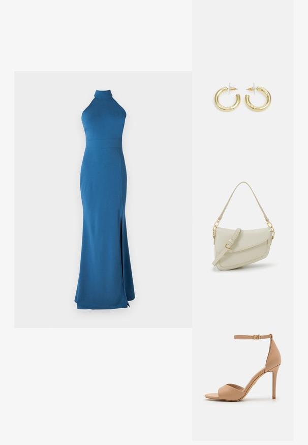 Modra obleka s halter ovratnikom, prilegajočim se korzetom, dolgim, razkošnim krilom in stranskim razporkom. Narejena iz gladkega, mehkega materiala enotne barve.; ALDO CRERIDE PILLOW WALK - Sandali - beige; Mala kremna torbica z teksturiranim zaključkom, dolgim nastavljivim trakom, verižnim poudarkom in zapiranjem na poklop. Detajli iz zlatega kovinskega materiala.; Zlate uhane v obliki obročkov z gladko, sijočo površino. Krožna zasnova s majhnim nosilcem in prozornim podplatom za varno nošenje.