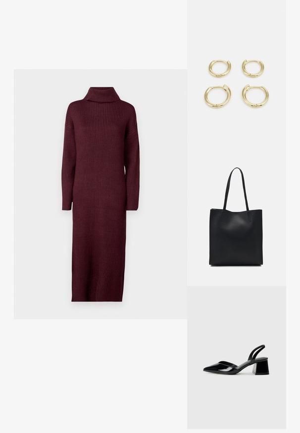 Dlouhá šatička s jemně strukturovaným designem v tmavě burgundské barvě, s vodopádovým výstřihem a dlouhými rukávy. Vyrobeno z pleteného materiálu, navržené pro přiléhavý siluetu.; Černé lakované kožené lodičky na pásku s špičatou špičkou a geometrickým blokovým podpatkem. Vyznačují se elegantním, minimalistickým designem a hladkým povrchem.; Černá kožená taška přes rameno s hladkým povrchem, obdélníkovým tvarem a dvěma dlouhými uchy. Žádné viditelné kování ani ozdoby.; Zlaté kruhové náušnice, čtyři kusy, hladký povrch, zakřivený design, různé velikosti, s kloubovým zapínáním pro snadné nošení.