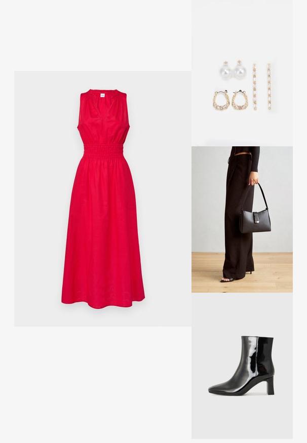GAP HALTER - Robe de jour - slipper red; Bottines en cuir verni noir avec un bout pointu et un talon block de hauteur moyenne. Texture lisse et design minimaliste.; Sac à main noir à la forme structurée, texture lisse et fermoir métallique. Associé à un pantalon noir ample et des sandales ouvertes sur un sol en bois.; Trois paires de boucles d'oreilles : de grandes perles blanches en boutons, des créoles en or avec des pierres claires, et deux longues boucles d'oreilles droites en or avec des détails scintillants.