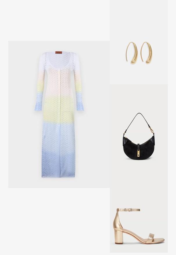 Adīts garais kardigāns ar mīkstu pasteļtoņu gradientu: balts, dzeltena un gaiši zila, ar ševronu rakstu un pogu aizdari.; Lauren Ralph Lauren LOGAN METALLIC NAPPA LEATHER SANDAL - Sandales - platinum; Melnā rokas soma ar izliekta formu, izgatavota no zamšādas un ādas, ar zelta toņa rāvējslēdzēju un logo detaļu. Iekļauta īsā rokturi.; Zelta toņu metāla gredzena auskari ar izliektu, pagarinātu formu. Ar gludu, spīdīgu virsma un noapaļotu galu papildu detaļām.