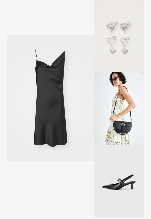 Must musta siidkleit drapeeritud kaelusega, õhukeste reguleeritavate rihmadega ja sileda tekstuuriga. Voogab õrnalt A-lõikega siluetti.; Mustad patenteeritud nahast sildiga kontsad, millel on terav nina ja väike plokk-konts, mille rihmal on hõbedane pandla aksessuaar.; Mustmust mustraha kõverate joontega, eemaldatava rihmaga ja kuldsete detailidega. Kotil on klapp, millel on pandladetail.; Hõbedased südamekujulised kõrvarõngad on kaunistatud lõhikute ja selgete kividega ning neil on tekstureeritud raam. Komplekti kuuluvad kõrvarõngad nupud ja rippuvad mudelid.