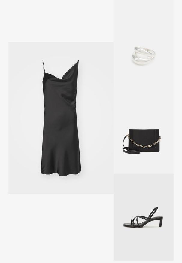 Melnas satīna kleita ar plūstošu dekoltē, plānām regulējamām siksnām un gludu tekstūru. Maigi plūst ar A-formas siluetu.; Melnas strappy sandales ar kvadrātveida purngaliem un zemu bloku papēdi. Ievērojamas ar vairākiem plāniem siksniņām un regulējamu potītes siksniņu. Izgatavotas no gludas ādas.; Melna ādas crossbody soma ar gludu faktūru, taisnstūrveida formu un metalizētu ķēdes detaļu priekšā. Iekļauta regulējama siksna.; Sudraba divu joslu gredzens ar gludu, pulētu virsmu. Iezīmējas ar plūstošu, izliekta dizaina struktūru ar pārklājošām sekcijām modernam izskatam.