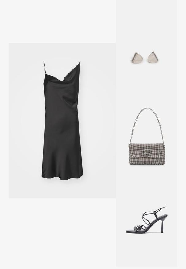 Fekete selyem aljruha drapírozott dekoltárral, vékony állítható pántokkal és sima textúrával. Lágyan áramlik, A-vonalú siluettel.; Fekete magas sarkú szandálok vékony pántokkal, csomózott mintával, sima négyzetes orral és karcsú stiletto sarkal rendelkeznek.; Világosszürke fémes kézitáska lánc pánttal, kis kör alakú fém kifinomult díszítéssel és háromszög alakú márkagéppel.; Ezüst fém fülbevalók sima, csepp alakú formával és fényes felülettel. Finom gravírozások teszik részletessé. Minimalista dizájn.