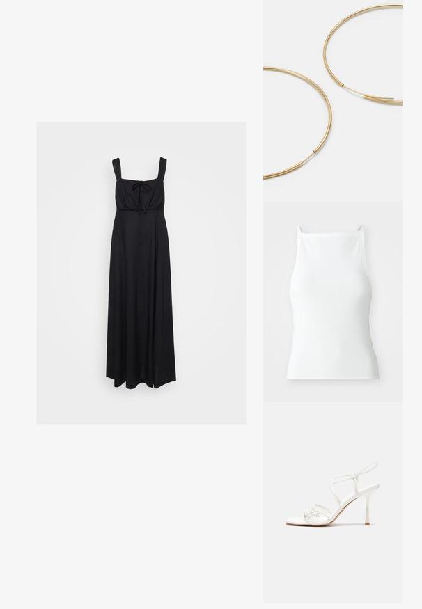 Schwarzes Maxikleid mit quadratischem Ausschnitt, breiten Trägern und einer Schleifen-Detail vorne. Hergestellt aus einem weichen, leichten Stoff.; Weißes, geripptes Tanktop mit dünnen Trägern, das ein enges Design und eine glatte Textur aufweist. Der Stoff wirkt elastisch und leicht strukturiert.; Weiße, geschnallte High-Heel-Sandalen mit flacher Zehenbasis, strukturiertem Vorderteil mit gerafften Akzenten und schlankem Knöchelriemen.; Goldfarbene Ohrringe in Form von dünnen, runden Kreolen, mit einer glatten, metallischen Oberfläche und ohne Verzierungen oder Muster.
