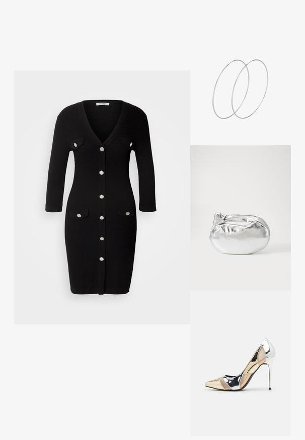 Robe en tricot noir avec un col en V, des manches trois-quarts, une fermeture à boutons sur le devant, deux poches poitrine et des boutons en métal argenté.; Chaussure à talon aiguille à bout pointu avec un schema de couleurs argent, or et nude. Fini brillant avec un design découpé, dotée d'un talon stiletto.; Pochette en métal argenté avec une forme douce et arrondie et un fermoir en haut noué. Fabriquée en simili cuir lisse.; Boucles d'oreilles en argent au design minimaliste. Forme circulaire, texture lisse et profil fin. Légères avec une finition polie.