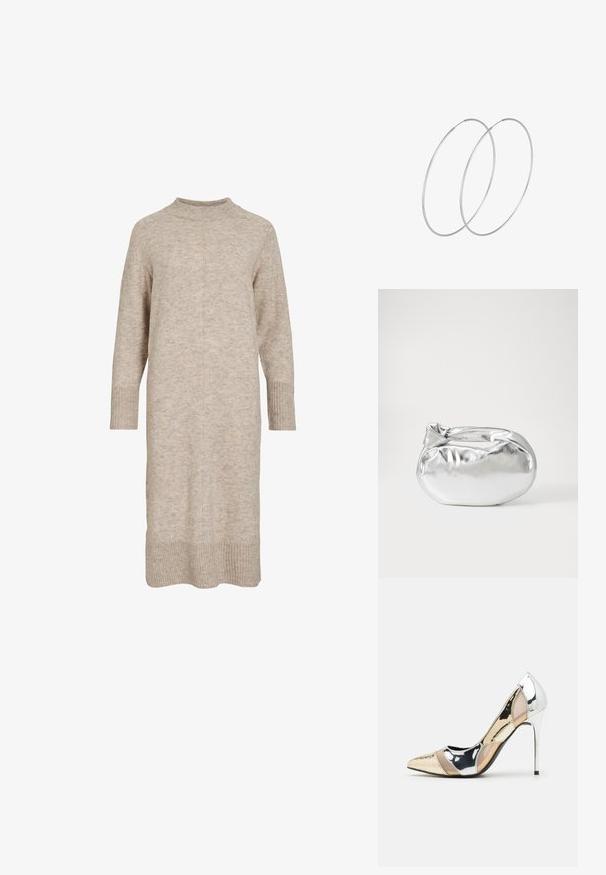 Gai bēšs trikotāžas kleita ar augstu apkakli, garām piedurknēm un ribaina austojuma aprocēm un apakšmalu. Audums ir mīksts un ar teksturētu izskatu.; Apspīlēta augstpapēžu kurpe ar zeltītu, sudrabi un neitrālu krāsu kombināciju. Spīguļojoša virsma ar izgriezuma dizainu, aprīkota ar stiletto papēdi.; Sudraba metāliska poga somiņa ar mīkstu, noapaļotu formu un mezgla augšējo aizdari. Izgatavota no gludas mākslīgās ādas materiāla.; Sudraba gredzenveida auskari ar minimālistisku dizainu. Cirkulāra forma, gluda tekstūra un plāns profils. Vieglu svaru ar spīdīgu apdari.