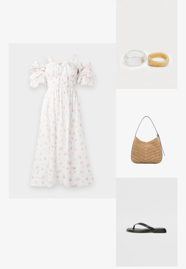Weißes Blumenkleid mit rosa Rosenmuster, gerafftem Oberteil, schulterfreien Puffärmeln und fließender Silhouette.; Schwarze Flip-Flops aus glattem Leder, mit einem dünnen Riemendesign und einer flachen Sohle mit minimalem Profil. Keine bemerkenswerten Muster oder Akzente.; Geflochtene Strohtasche mit geschwungener Form, ausgestattet mit einem dunklen Ledertragegurt und einer strukturierten Oberfläche mit Zickzackmuster.; Klare und bernsteinfarbene Harzringe, einer glatt und transparent, der andere mit einer strukturierten, bernsteinfarbenen Oberfläche. Beide haben ein abgerundetes, massives Design.