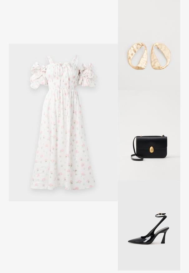 Weißes Blumenkleid mit rosa Rosenmuster, gerafftem Oberteil, schulterfreien Puffärmeln und fließender Silhouette.; Schwarze Lackleder-Slingbacks mit spitz zulaufender Zehenpartie, verstellbarem Knöchelriemen und moderatem Blockabsatz. Glatte Textur mit glänzender Oberfläche.; Schwarze Lederhandtasche mit strukturierter rechteckiger Form. Verfügt über einen goldenen ovalen Verschluss und einen dünnen Schulterriemen. Glatte Textur.; Ein Paar unregelmäßige, oval geformte Ohrringe aus goldfarbenem Metall mit einer strukturierten, leicht gehämmerten Oberfläche auf weißem Hintergrund.