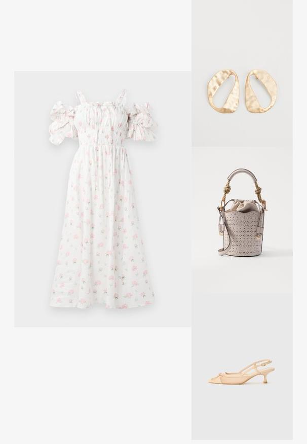 White floral dress with pink rose patterns, smocked bodice, off-the-shoulder puff sleeves, and a flowing silhouette.; Stuart Weitzman KITTY - Classic heels - beige/barely beige; Vanessa Bruno HOLLY MINI - Handbag - ivoire; Pair of irregular oval-shaped gold-toned metal earrings with a textured, slightly hammered surface on a white background.