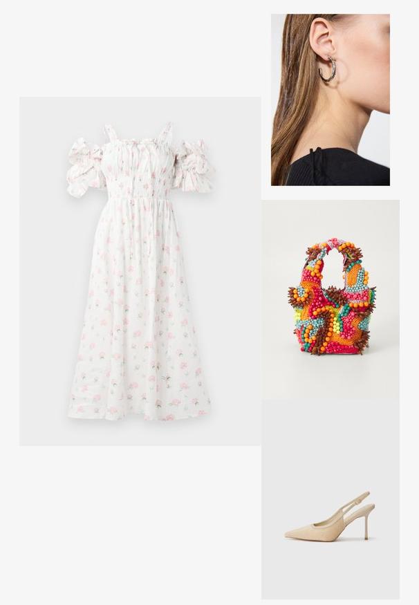 Bílé květinové šaty s růžovými růžovými vzory, s řaseným živůtkem, volnými rukávy a splývavým siluetou.; Béžové lodičky na klínku s špičatou špičkou, vyrobené z texturovaného materiálu, s úzkým podpatek a nastavitelným páskem.; Beaded kabelka s živými barvami: růžovou, oranžovou, modrou a hnědou. Texturovaný povrch s kulatými korálky a organickými tvary, pevné uchy.; Stříbrný kruhový náušník s lesklým povrchem, zdobený malými zlatými akcenty, v kulatém tvaru, nošený na lalůčku.