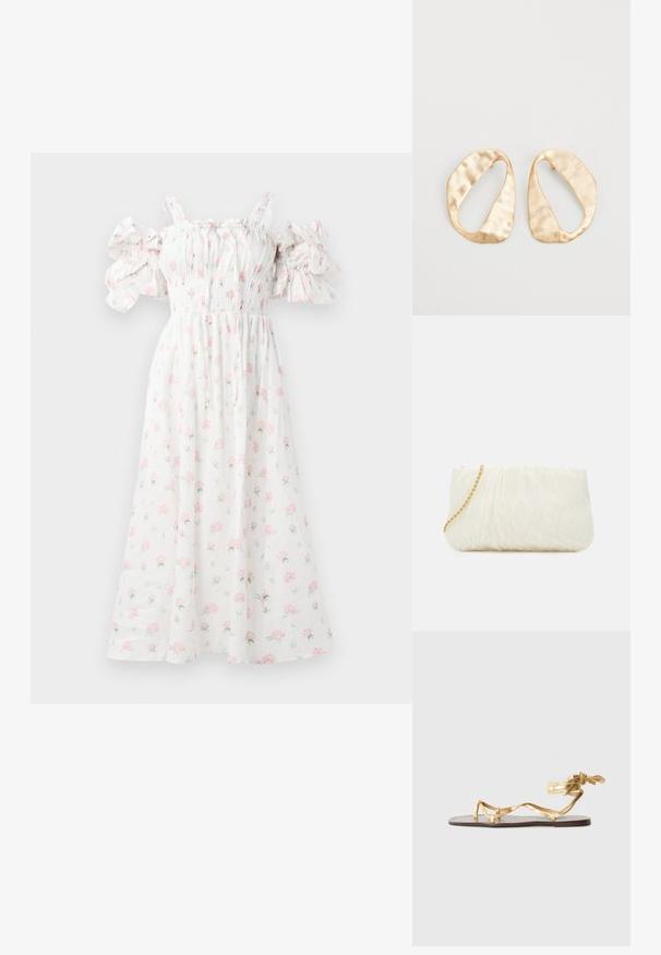 Vestido floral branco com padrões de rosas cor-de-rosa, corpete franzido, mangas bufantes à descoberta dos ombros e silhueta fluida.; Sandal flat com acabamento metálico dourado, tiras finas e fecho de atar. A sola é feita de couro castanho com um design minimalista.; Bolsa de mão branca texturizada com um design franzido, apresentando uma alça de corrente dourada. Acabamento liso com ondulações subtis e bordas arredondadas.; Par de brincos irregulares em forma oval, feitos de metal dourado, com uma superfície texturizada e ligeiramente martelada, sobre um fundo branco.