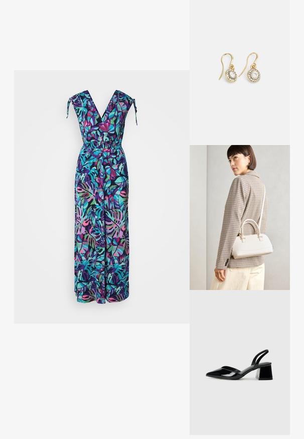 Combinaison à motif floral avec un décolleté en V, des bretelles réglables à nouer, une taille élastique et une coupe large, dans des tons vifs de vert, violet et rose.; Escarpins en cuir verni noir avec bout pointu et talon bloc géométrique. Présente un design élégant et minimaliste ainsi qu'une texture lisse.; Sac à main structuré blanc avec de courtes poignées et une bandoulière, doté de accents en métal doré et d'un matériau texturé, présenté sur un fond gris.; Boucles d'oreilles en ton or avec des cristaux transparents en forme d'ovale entourés de plus petits cristaux transparents, dotées d'un design à crochet pour un port sécurisé.