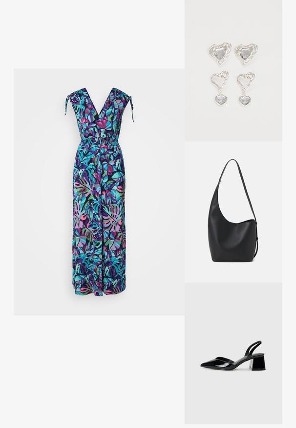 Macacão com padrão floral, decote em V, alças ajustáveis com laço, cintura elástica e pernas largas, nas vibrantes tonalidades de verde, roxo e rosa.; Sandy em verniz preto com salto slingback, ponta afilada e salto geométrico. Apresenta um design elegante e minimalista com textura suave.; Saco hobo preto em pele com uma textura lisa, forma curva e uma única alça ajustável; apresenta uma abertura larga na parte de cima.; Os brincos em forma de coração prateados apresentam pedras claras facetadas, com uma moldura texturizada. O conjunto inclui estilos de botão e de gota.