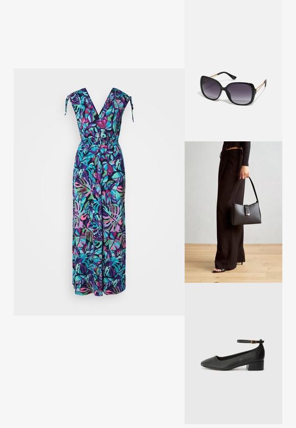 Blomstermønstret jumpsuit med V-hals, justerbare knytestrenger, elastisk midje og vid benstilling i livlige grønne, lilla og rosa farger.; Sorte skinnpumper med spiss tå og lav blokkhelt. Har ankelrem med gullfarget spenne. Glatt tekstur.; Sorte oversized solbriller med gradient linser, tykke rammer og detaljering med gulltonekjede på tempelarmene.; Svart håndveske med strukturert form, jevn tekstur og metallisk lås. Kombinert med brede svarte bukser og sandaler med åpen tå på tregulv.