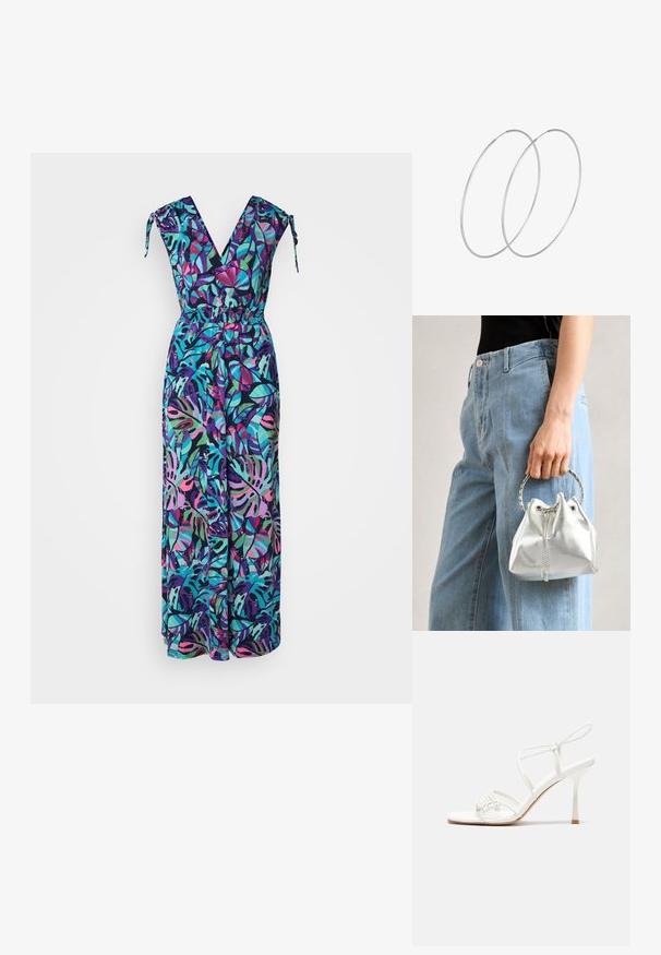 Blomstermønstret jumpsuit med V-hals, justerbare bindebånd, elastisk talje og bred benudformning i livlige nuancer af grønt, lilla og pink.; Hvide strop sandaler med høj hæl, flad tåbase, tekstureret forside med sammensunkne detaljer og en smal ankelrem.; Metallic sølv bucket bag med en tekstureret overflade, prydet med et sølv rundt håndtag og snørelukning, holdt mod lyseblå jeans.; Sølvøreringe med et minimalistisk design. Cirkulær form, glat tekstur og tynd profil. Letvægtige med en poleret overflade.