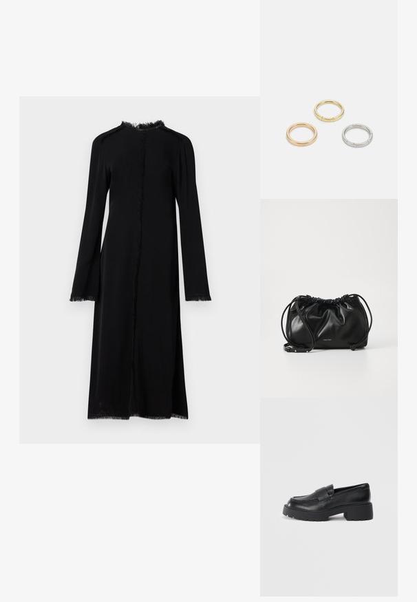 Robe longue noire en tissu doux, avec une coupe droite, des bords à franges et de longues manches à larges poignets. Aucun système de fermeture.; Mocassins en cuir noir avec une finition texturée, dotés d'une sangle rectangulaire sur le dessus du pied et d'un design de semelle épaisse à relief.; Sac à main en cuir noir avec un design froncé, fermeture à double cordon et bandoulière amovible. Présente un détail de logo métallique.; Trois anneaux en métal : un en or rose, un en or avec des accents texturés, et un en argent, tous avec une gravure de marque à l'intérieur de la bande.