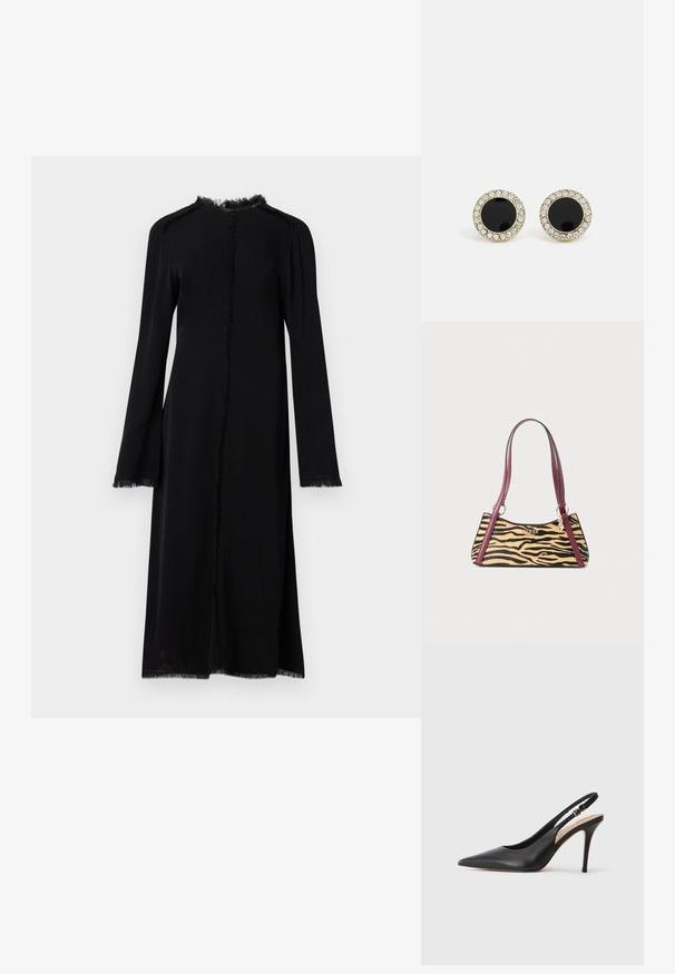Lang zwarte jurk gemaakt van zachte stof, met een rechte snit, franjes aan de randen, en lange mouwen met brede manchetten. Geen sluitingen aanwezig.; Zwarte lederen slingback hakken met een puntige neus, een gladde textuur en een delicaat bandje met een metalen gesp.; Kleine handtas met tijgerprint, bordeauxkleurige leren handvatten, goudkleurig Guess-logo en een bedel die aan de riemring hangt.; DKNY INLAY STUD - Oorbellen - black/gold-coloured