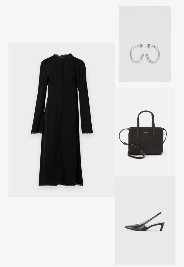 Duga crna haljina od mekanog materijala, s ravnim krojem, resastim rubovima i dugim rukavima s širokim manžetama. Nema kopčanja.; Crne cipele s izduženim vrhom i remenom oko pete, s niskom petom, izrađene od glatke kože i s izrezbarenom stranom radi prozračnosti.; Crna torba s dva kratka ručka i uklonjivom naramenicom. Glatki materijal nalik koži s zatvaračem na zatvaranje i detaljem s logom.; Srebro naušnice u obliku prstena s glatkom, sjajnom završnom obradom. Zaobljenog oblika, laganog dizajna, s kopčom na poleđini.