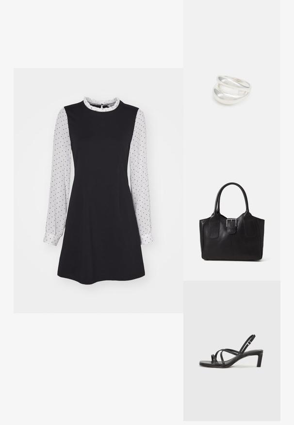 Musta mekko, jossa on pitkät valkoiset pallokuosiset hihat ja pyöreä kaula-aukko. Siinä on muotoiltu bodice ja laajahelma, valmistettu sileästä kankaasta.; Mustat hihnalligat, joissa on neliön muotoinen kärki ja matala lohkokorko. Ominaisuuksiin kuuluu useita ohuita hihnoja ja säädettävä nilkkahihna. Valmistettu sileästä nahasta.; Musta nahkainen olkalaukku, jossa on sileä pinta, ryhdikäs muoto, kaksi kahvaa ja silmienpistävä hopeinen solkiyksityiskohta edessä.; Hopeinen kaksinkertainen rengas, jossa on sileä, kiillotettu pinta. Siinä on sulava, kaareva muotoilu, jossa on päällekkäisiä osia modernin ilmeen saavuttamiseksi.