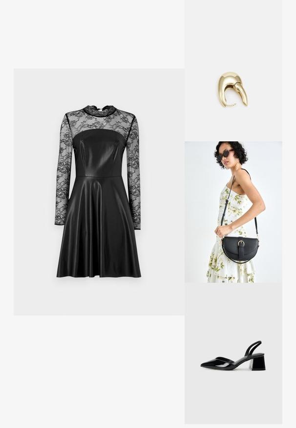 Fekete ruha illeszkedő bőr felsőrésszel és hosszú csipkés ujakkal. Magas nyakkivágással és bővülő szoknyával rendelkezik, bemutatva a bonyolult csipke részleteket.; Fekete lakk bőr szandálkés magas sarkú cipő, hegyes orral és geometrikus tömbsarkakkal. Karcsú, minimalista dizájn és sima textúra jellemzi.; Fekete bőrtáska ívelt formával, levehető pánttal és arany színű fémrészekkel. A táskán egy csattal díszített fedél található.; Aranyszínű fém fülbevaló, elegáns, ívelt formával. Különleges hegyes alak, fényes felszín és zsanéros záródás jellemzi.