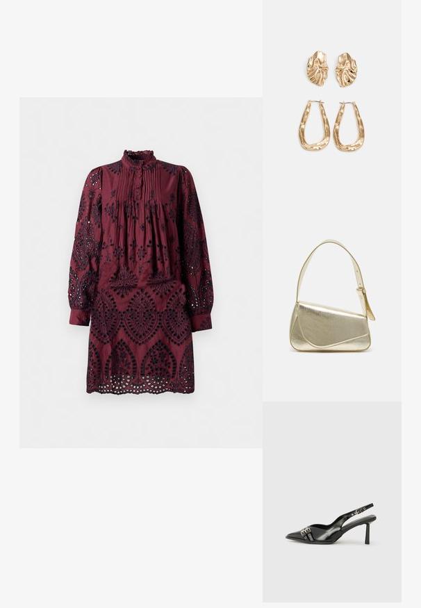 Bordo obleka z dolgimi rokavi, nabranim sprednjim delom, nabranim ovratnikom in zapletenimi črnimi vezeninami. Izrezovanje po obodu.; Črne patentne usnjene sandale s koničastim nosom, zankami okoli gležnja s srebrnimi sponkami in opremo ter vitkimi petami.; Zlata metalna torbica z urejenim dizajnom, gladko teksturo in nastavljivim trakom. Ima edinstveno trikotno obliko in minimalistično šivanje.; Zlato obarvani uhani z teksturiranimi, valovitimi oblikami. Vključujejo skulpturalne sponke za ušesa in odprto obliko obročka s kladivastim finišem.