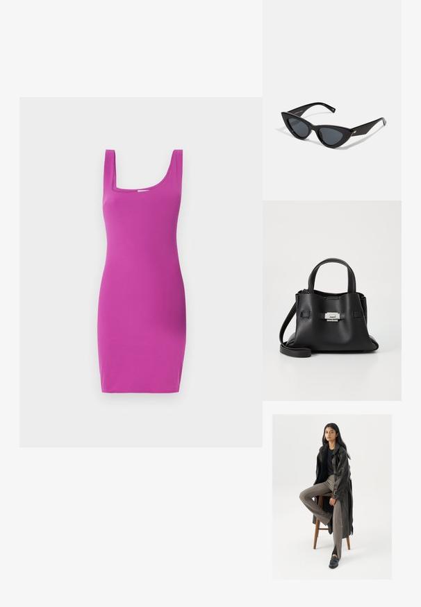 Dopasowana sukienka bez rękawów w intensywnym różowym kolorze z kwadratowym dekoltem i gładką fakturą. Projekt charakteryzuje się sylwetką bodycon i minimalną ilością detali.; Czarny skórzany trencz z guzikami i detalem pasa, w połączeniu z jasnobrązowymi dopasowanymi spodniami i czarnymi loafersami, siedzący na drewnianym stołku.; Okulary przeciwsłoneczne kocie oczy z błyszczącą czarną plastikową oprawką, ciemnymi soczewkami i złotymi detalami na zausznikach. Kątowy design z eleganckimi liniami.; Czarna skórzana torebka z teksturowanym wykończeniem, wyposażona w dwie górne rączki, odczepiany pasek na ramię oraz detal w postaci srebrnego zapięcia.