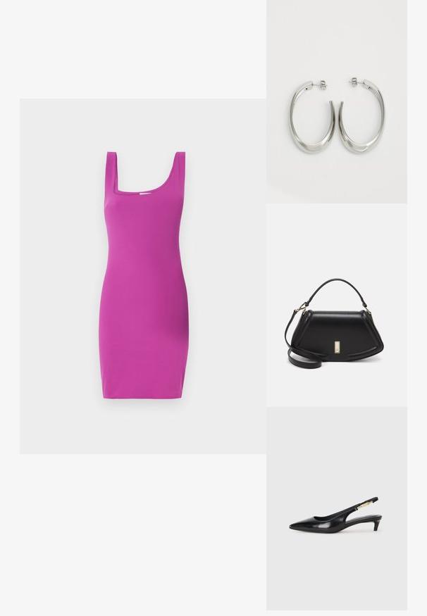 Dopasowana sukienka bez rękawów w intensywnym różowym kolorze z kwadratowym dekoltem i gładką fakturą. Projekt charakteryzuje się sylwetką bodycon i minimalną ilością detali.; Czarne skórzane szpilki typu slingback z ostrym noskiem, posiadające smukły obcas i złoty akcent na regulowanym pasku. Gładka tekstura.; Czarna skórzana torebka o strukturalnym designie, z przyciętą formą, górnym uchwytem i złotymi akcentami. W zestawie regulowany pasek na ramię.; Srebrne kolczyki-hoop o gładkim, zakrzywionym designie. Posiadają błyszczące metaliczne wykończenie i zapięcie na sztyft. Brak widocznych wzorów lub akcentów.