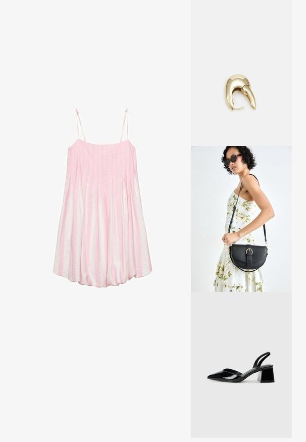 Roza i bijela prugasta haljina bez rukava s naboranim izgledom, laganom tkaninom i podesivim trakama. Dizajn s lepršavim donjim dijelom.; Crne lakirane kožne sandale s otvorenom petom i špicastim vrhom, s geometrijskom blok petom. Imaju elegantan, minimalistički dizajn i glatku teksturu.; Crna kožna torba s lukovitim oblikom, odvojivim remenom i zlatnim detaljima. Torba ima preklop s kopčom.; Zlatne metalne naušnice s elegantnim, zakrivljenim dizajnom. Imaju karakterističan šiljast oblik, poliranu površinu i zatvaranje na šarku.