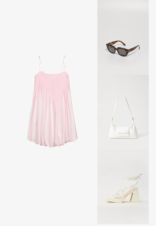 Gestreiftes ärmelloses Kleid in Rosa und Weiß mit gerafftem Material, leichtem Stoff und verstellbaren Trägern. Ausgestellt designte untere Partie.; Weiße High-Heel-Sandale mit einem klobigen Absatz, die über ein Riemchendesign und ein Knöchelband verfügt. Glatte Textur mit einer Plattform vorne für zusätzliche Höhe.; Schildpatt-Sonnenbrille mit kantigen Rahmen und grauen Gläsern. Verfügt über eine glänzende Oberfläche und dezente Markenkennzeichnung an den Bügeln.; Weiße synthetische Handtasche in dreieckiger Form, flache Vorderklappe und Schleifendetail, verstellbarer Trageriemen, glatte Textur und minimalistisches Design.