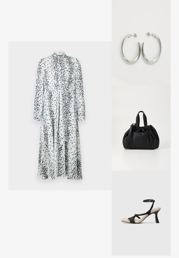 Ilga rankovė midi suknelė su šviesiai mėlynu pagrindu ir išmėtytomis juodomis abstrakčiomis dėmelėmis, su aukštu apykakle ir sutrauktu juosmeniu.; Juodų aukštakulnių sandalų su pintu dirželiu dizainas, kvadratine nosimi ir reguliuojamu kulkšnies dirželiu. Šviesiai bežė padas su blizgiu juodu kulnu.; Juoda odinė rankinė su susiraukšlėjusiu viršumi, su dviem trumpomis rankenėlėmis ir ilga reguliuojama juosta. Lygus paviršius, apvalios formos.; Sidabriniai apvalūs auskarai su lygiu, išlenktu dizainu. Yra blizgus metalinis paviršius ir smeigtukų uždarymas. Nėra matomų raštų ar akcentų.