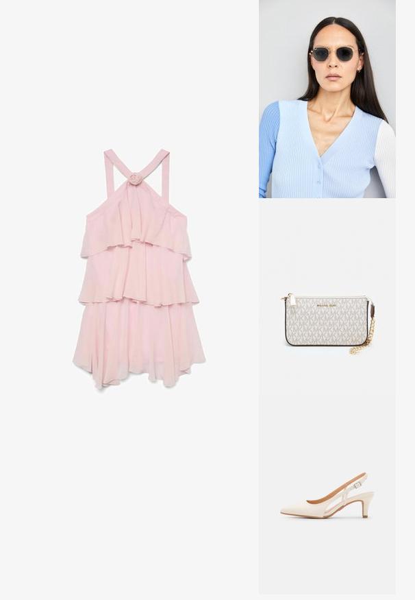 Lyse rosa ermeløs kjole med lagdelte volanger, med en roseprydelse bak og kryssryggstropper, laget av lett stoff.; Hvit slingback-hel med spiss tå, glatt overmateriale, lav blokkhelt, og cut-out-design på siden med justerbar spenne.; Runde solbriller med mørke linser og guldrammer. Modellen har en lyseblå, ribbet cardigan med knapper og kontrast hvide ærmer på.; Michael Kors håndleddsveske i beige belagt kanvas med et gjentakende MK-logo mønster, gullfarget maskinvare og en avtakbar kjede-rem.; Gull rektangulært klokke med hvit skive, minimalistiske time markører og en mesh metallrem. Har en sidekrone for å justere tiden.