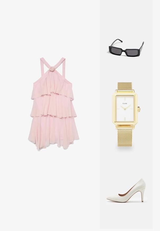 Halvány rózsaszín, ujjatlan ruha réteges fodrokkal, hátul rózsával díszítve és keresztpántokkal, könnyű anyagból készült.; Fehér lakkbőr magassarkú cipő hegyes orral és sima felülettel, karcsú sarka van, és alacsony kivágás található a nyílás körül.; Fekete napszemüveg téglalap alakú kerettel, sötét lencsékkel és sima, fényes felülettel. Vékony szárakkal rendelkezik, az oldalán diszkrét márkajelzéssel.; Arany téglalap alakú óra fehér számlappal, minimalista órák jelölőkkel és fém hálós szíjjal. Oldalsó korona található az idő beállításához.