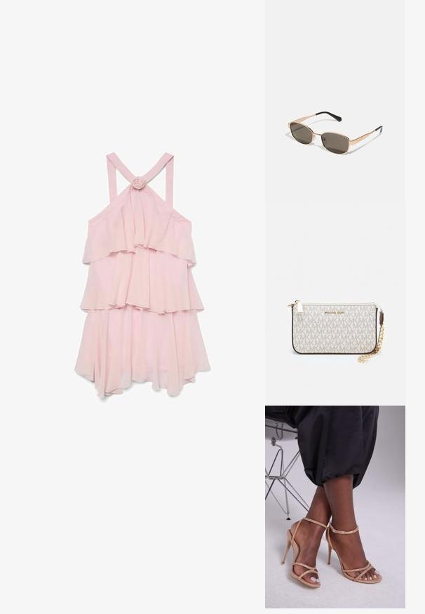 Světle růžové bezramenné šaty s vrstvenými volány, s růžovým akcentem na zadní straně a křížovými ramínky, vyrobené z lehké látky.; Béžové sandály na podpatku s krystalovými ozdobami, otevřenou špičkou, tenkými pásky a elegantním siluetou.; Obdélníkové sluneční brýle se zlatým kovovým rámem a tmavými skly. Doplňuje je štíhlé černé nožičky, které ukazují minimalistický design.; Kabelka na zápěstí Michael Kors v béžové potažené plátno s opakujícím se vzorem loga MK, zlatými kovovými doplňky a odnímatelným řetízkovým popruhem.; Zlaté obdélníkové hodinky s bílým ciferníkem, minimalistickými číslicemi a kovovým síťovaným páskem. Obsahují boční korunku pro nastavení času.
