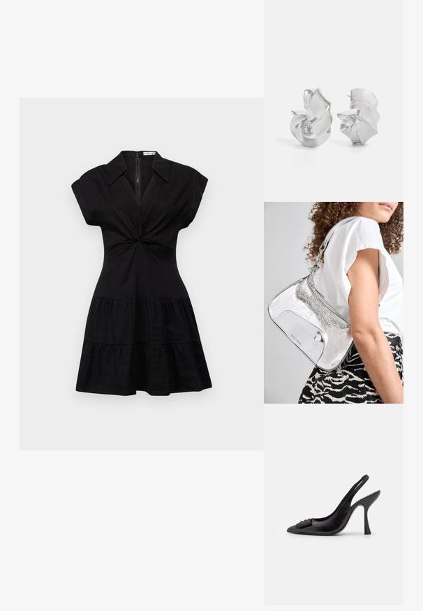 Alice + Olivia MILA DEEP TWIST MINI DRESS - Ingruha - black; Fekete bőr pántos cipő hegyes orral, karcsú magas sarkával és dekoratív masnival. Simaság és elegáns dizájn.; Ezüst fémes válltáska sima felülettel, ívelt formával, lánchordóval, és egy fényes elülső panellel, amelyen finom logógravírozás található.; Ez egy ezüst fülbevaló, amely áramló, spirális formatervezéssel rendelkezik. Simább textúrájú, fényes felületű. Diszkrét fényt biztosít, és nincsenek látható díszítések.