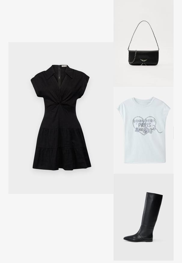 Alice + Olivia MILA DEEP TWIST MINI DRESS - Shirt dress - black; Light blue cotton t-shirt with short sleeves, featuring a heart graphic adorned with metallic lettering: "SOME BODY IN PARIS LOVES ME."; Black leather knee-high boot with a pointed toe and minimal design. Smooth texture and flat sole, featuring discreet side stitching details.; Black leather handbag with a silver chain strap, featuring decorative wing accents and white stitching along the bottom seam.