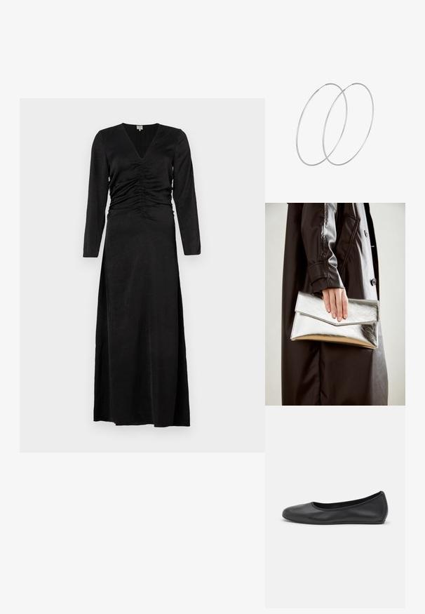 Černé dlouhé šaty s dlouhým rukávem a výstřihem do V, s nařasenými detaily v pase a bočním rozparkem, vyrobené z hladkého a lehkého materiálu.; Černé kožené baletní byty s kulatou špičkou, hladkou texturou, minimálními švy a flexibilním designem podrážky.; Stříbrná metalická kabelka ve tvaru klínového obálkového designu, hladké textury a s kontrastní barvou uvnitř, držena v ruce s černým kabátem.; Stříbrné kruhové náušnice s minimalistickým designem. Kruh, hladký povrch a tenký profil. Lehká konstrukce s lesklým povrchem.