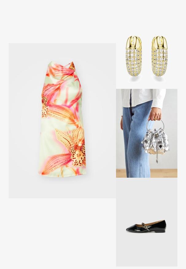 Květinové halter šaty se světle zeleným pozadím, zdobené živými růžovými a oranžovými květy, hladkým texturem a elegantním střihem.; Černé lakované baleríny s špičatou špičkou, kotníkovým páskem s zlatým sponou a nízkým blokovým podpatkem. Hladký, lesklý povrch.; Stříbrná taška ve tvaru kbelíku s flitry a kulatou kovovou rukojetí; obsahuje stahovací uzávěr a řetízkové detaily, umístěná na svetle modrém džínovém a bílém materiálu.; Náušnice ve zlatém tónu s cylindrickým designem, zdobené kulatými průhlednými krystaly uspořádanými v mřížkovém vzoru, s lesklým povrchem.