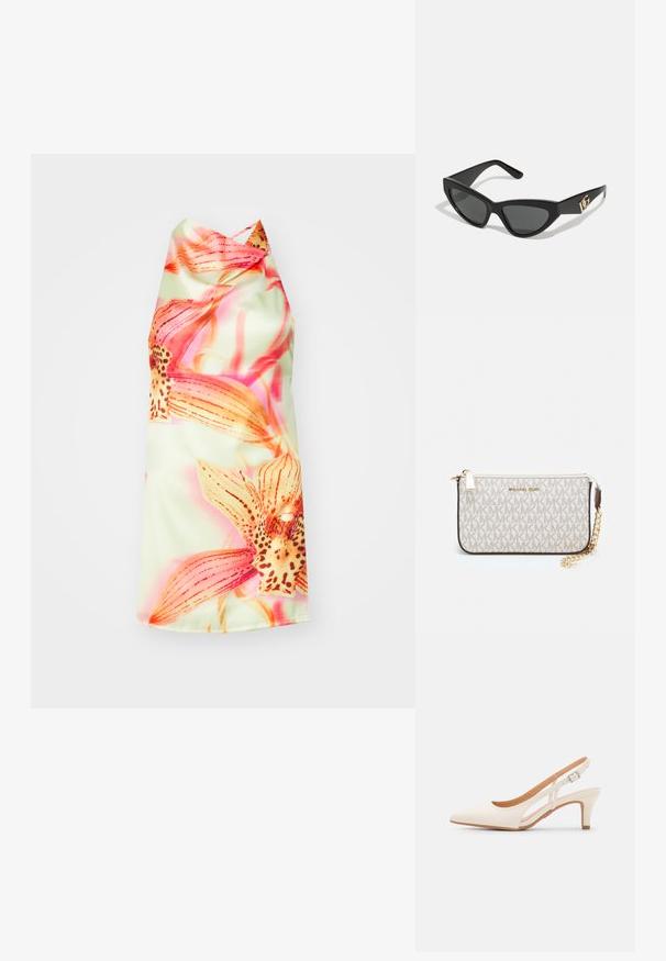 Virágmintás pánt nélküli ruha világoszöld háttérrel, élénk rózsaszín és narancssárga virágokkal, sima textúrával és elegáns redőzéssel.; Fehér slingback sarok, hegyes orral, sima felső anyaggal, alacsony blokk sarkával és oldalsó kivágott dizájnnal, állítható csatpánttal.; Macska szemformájú napszemüveg matt fekete műanyag kerettel, sötét lencsékkel és arany logóval a szárán. Szögletes kialakítás és sima felület.; Michael Kors bézs bevonatos vászon karkötő, amely ismétlődő MK logó mintával, aranyszínű fémrészletekkel és levehető lánchordóval rendelkezik.