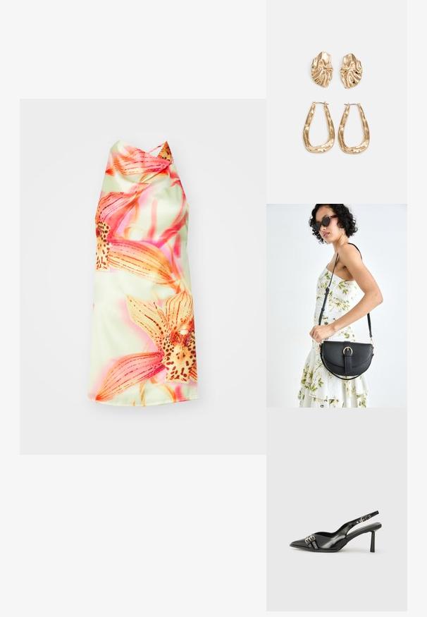 Ziedu halterkleita ar gaiši zaļu fonu, kas rotāta ar spilgti rozā un oranžām ziedu pušķiem, gludu tekstūru un elegantu piegriezumu.; Melnā patentēta ādas sandale ar norādītu purngalu, potītes siksniņām ar sudraba sprādzēm un aparatūru, kā arī smalku papēdi.; Melnas ādas rokassoma ar izliekta formu, noņemamu siksnu un zelta aksesuāriem. Somai ir vāciņš ar sprādzes detaļu.; Zelta krāsas auskari ar teksturētām, viļņotām formām. Iekļauts skulpturāls piespraužams modelis un atvērta gredzenveida konstrukcija ar izsistām virsmām.