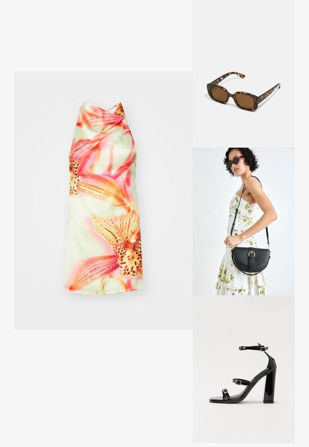 Blommig halterneck-klänning med en ljusgrön bakgrund, prydd med livfulla rosa och orange blommor, mjuk textur och en elegant drapering.; Svarta lackerade högklackade sandaler med två spännband, fyrkantig tå och en tjock klack, med en slät och glansig yta.; Sköldpaddsmönstrade solglasögon med en rund, kraftig ram och bruna linser. Har subtila mönster och raka, avsmalnande skalmar.; Svart läderhandväska med en böjd form, avtagbar rem och guldiga detaljer. Väskan har ett lock med en spänndetalj.